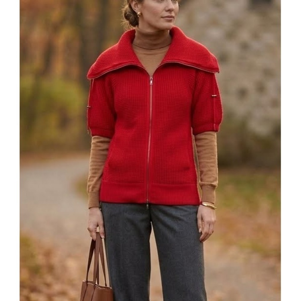 Theory Sweater Jacket Womens S Red 100% Cashmere Waffle Knit Short Sleeve